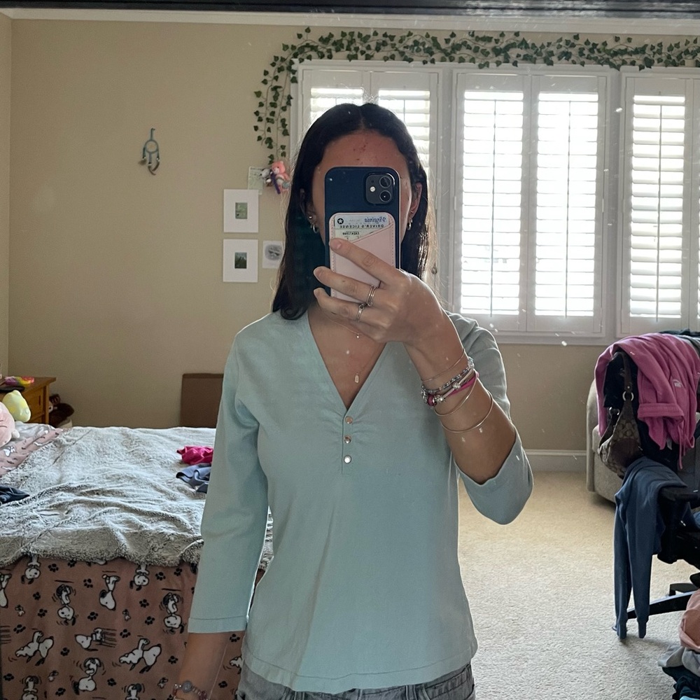 Women's Light Blue Silk Blend V-Neck Henley Top